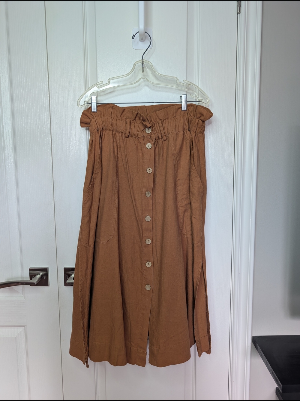 Button-Front Paperbag Midi Skirt in Rust Brown